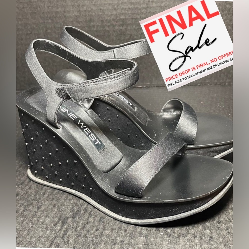 NINE WEST BLACK BEADED SATIN 5.5M EUC 3.5” WEDGE WITH VELCRO STRAPS PRICE FIRM!